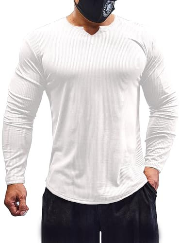 Muhshoiy Men's Slim Fit Muscle Shirt V Neck Short & Long Sleeve Sport T-Shirt Underwear Casual Tee Stretch Solid Athletic Shirts/White/M