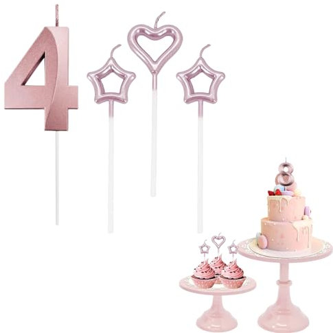 4th Birthday Candle Rose Gold Number 4 Candle for Birthday Cake with Heart-Shaped Candles, Rose Gold 4 Candle for Cake Birthday Cake Topper Decorations for Girls Birthday Wedding Anniversary Party