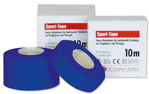 DE Healthcare Products – Sporttape (10 m x 3,8 cm), starr, für Prophylaxe und Therapie, Klebebinde für funktionelle Verbände, blau
