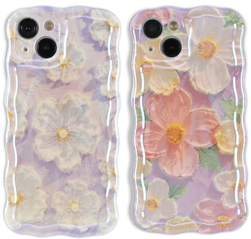 ZhuoFan 2 Piezas Funda para Apple iPhone 14 6.1’‘, Aesthetic Diseño de Colorida Flores TPU Silicona Antigolpes Elegante Durable Case, Brillante Lindo Flor Dibujos Carcasa para iPhone 14, Púrpura