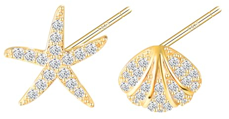 CONILOK Unsymmetrisch Ohrringe Silber 925 Stecker Ohrstecker Ohrhänger Gold Zirkon Seesterne Muschel Damen Schmuck Ohrring Geschenke für Frauen Mädchen Geburtstag Hochzeit Weihnachtstag Valentinstag