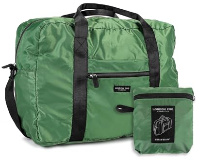 London Fog Faltbare Reisetasche aus Nylon mit Tasche, wasserabweisend, Schwarz, Palmengrün, Reisetasche