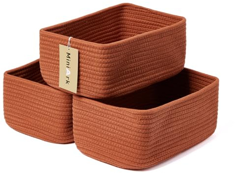 MiniArk Small Storage Baskets for Organizing | Closet Organizer Bins | Shelf Toy Basket | Woven Rope Baskets | Cube Decorative Box | Shallow Basket | 11.5x7.5x4.7” | 3 Packs Oxide Red