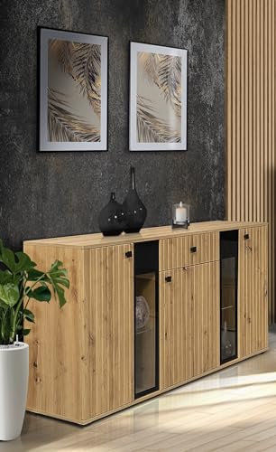 Furnix 3-türig Sideboard Sarai Front mit Lamellen mit LED Kommode mit Glastüren und Schublade 140 x 80 x 40 cm Highboard für Wohnzimmer Flur Schlafzimmer Anrichte mit viel Stauraum Matera Artisan