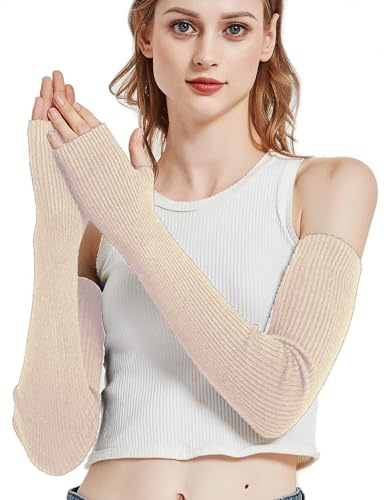 Novawo Wool Blend Warm Arm Warmers Long Fingerless Gloves for Women