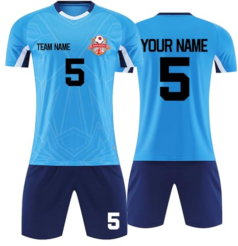Faletony Personalisiertes Fussball Trikot Kinders Erwachsene Fusstball Shirt & Shorts Set mit Name Nummer Benutzerdefiniert Trikot Fußballtrikot (Polyester, Blau)