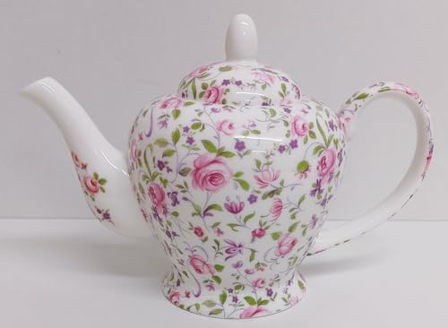 Royal Chelsea - Teiera in porcellana fine Bone China, decorata a mano, motivo: fiori rosa e viola, 591,5 ml