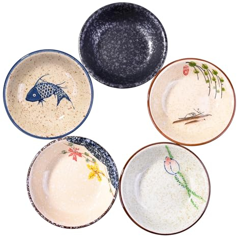 Fignner Sushi Sauce Dishes Set of 5, Japanese Retro Porcelain Soy Side Dish Bowl Seasoning Dishes Soy Dipping Sauce Dishes