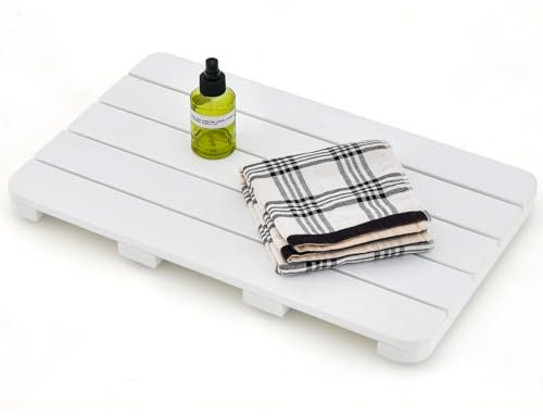 GOPLUS Duschmatte, rutschfeste Badematte aus HIPS Holz für Innen und Außenbereich, wasserdichte Toilettenmatte bis 150kg belastbar für Badewannen, Eingangsbereiche, Pool und Terrasse(55x34 cm,Weiß)