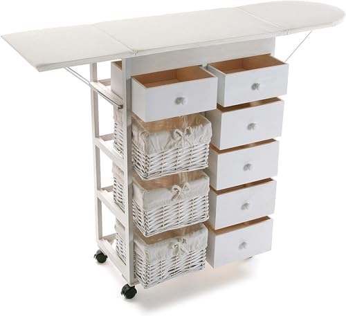 Mobile bianco salvaspazio cassettiera 6 cassetti 3 ceste porta bucato panni asse da stiro porta oggetti per stirare facile
