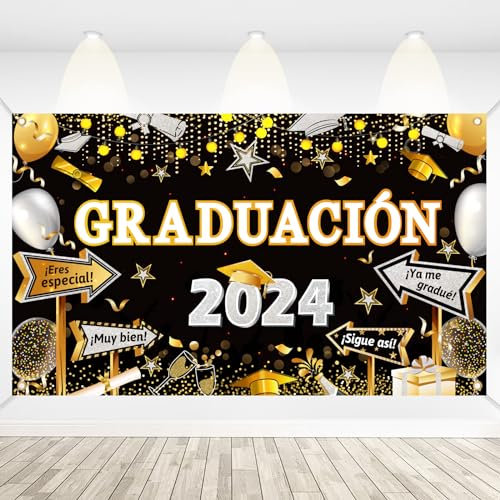 DPKOW Español pancartas de graduación 2025 Decoraciones, Grande Oro Negro Plateado Felicidades Graduado Pancarta 2025 graduación Fondo Decoraciones Interiores y Exteriores, Tela, 180 * 110 cm