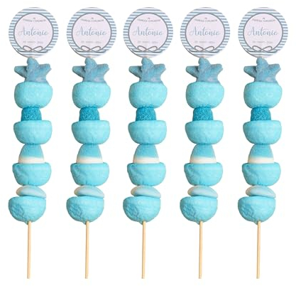 Onza Brocheta de chuches y golosinas de Comunión con pegatina personalizada. Recuerdo de Comunion con chuches. Etiqueta personalizada comunión con Nombre y Fecha. (Azul, 5 brochetas)