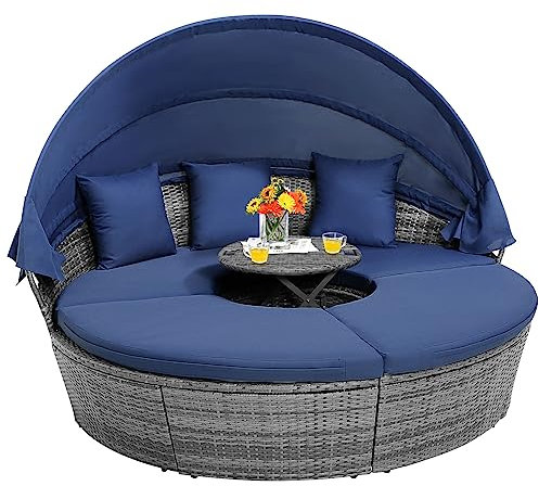 RELAX4LIFE Patio Rattan Daybed, Wicker Garden Furniture Set with Retractable Canopy, Height Adjustable Side Table, Pillow & Soft Cushion, Outdoor Sectional Sofa Set for Balcony Backyard (Navy)