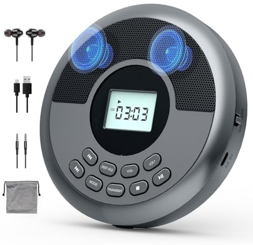 KUEPHOM Portable CD Player with Bluetooth and Headphones | Rechargeable, Built-in Speakers, Anti-Skip Protection, CD/MP3/USB/BT Transmit/AUX, Car Connection