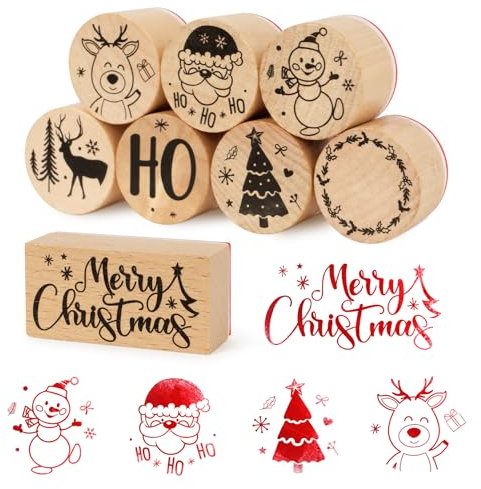 BOOMTOP 8Pcs Weihnachten Stempel Holz Rund Holzstempelset Merry Christmas Stempel Weihnachtsstempel Klein Motivstempel Kinder für Kartenbasteln Scrapbooking Geschenkpapier