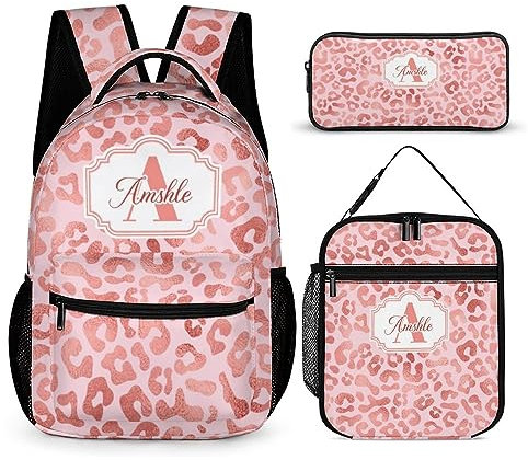 SweetJECCU Mochila de mariposa personalizada con lonchera y juego de estuche, juego de 3 mochilas escolares personalizadas, Impresión de leopardo, L, Mochila con fiambrera