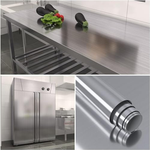 XRUIBZI Brushed Silver Wallpaper 60cmx1000cm Contact Paper Peel and Stick Wallpaper Waterproof Silver Metallic Wallpaper Self Adhesive Removable Wall Covering for Appliance Countertop Refrigerator