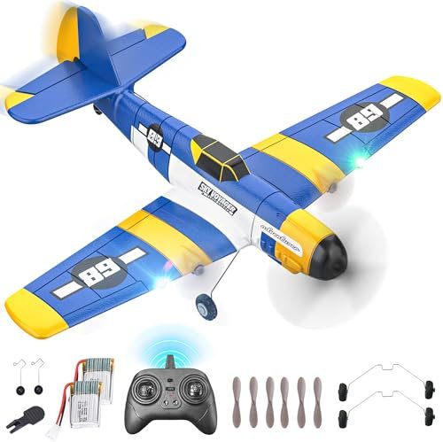 BEZGAR 3 Channel HQ089 RC Plane Age 6+, 6-axis Gyro Remote Control Airplane Fighter Toys with Colorful LED Navigation Lights & 2 Batteries, Easy Control for Adults Kids Beginners