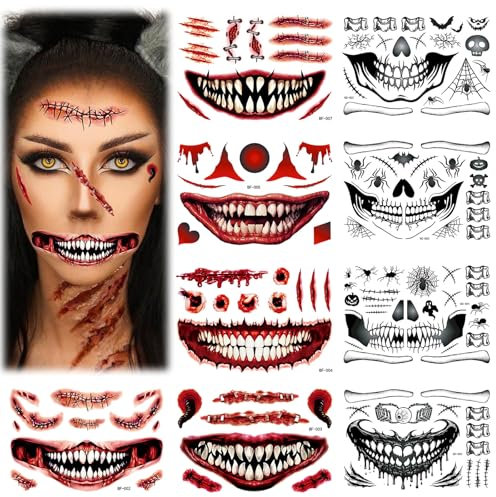 9 Feuilles Tatouage Halloween, temporaires tatouage cicatrice, Maquillage Faux Sang Zombie, Tatouage Waterproof pour Le Visage Et La Bouche en Forme de Crâne pour Halloween et Les Soirées Cosplay