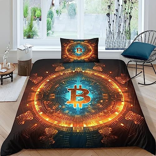 Bettwäsche-Set mit 3D-Druck, Bitcoin-Transaktionen, weiche Mikrofaserkissenbezüge, geeignet für Kinder und Erwachsene, Einzelbett (135 x 200 cm)