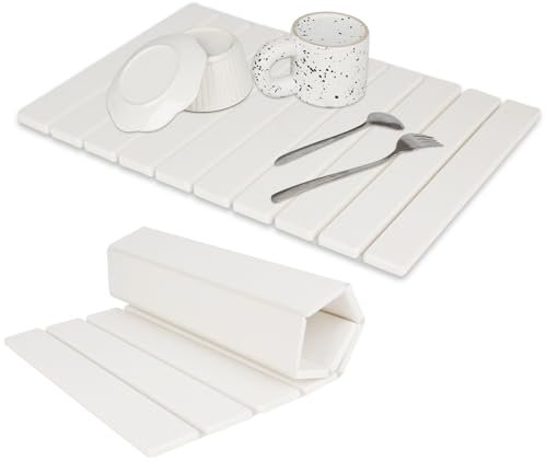 Bunmery Große Stein-Abtropfmatte für Küchentheke, umweltfreundlich, sofort trocknendes Pad, Kieselgur wasserabsorbierende Matte, faltbare und super saugfähige Abtropfsteinmatte, 61 x 40 cm, Weiß