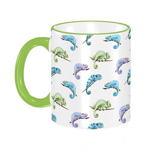 KDWJS Tasse Keramik Kaffeetassen Große 11oz Tassen 330ml Trinkgläser Mit Griff Personalisierte Geschenk Weiß,Aquarell mit Chamäleon