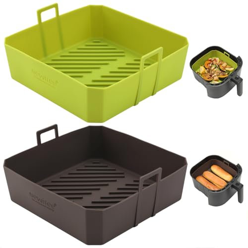 NEWITEE 5 QT Air Fryer Silicone Liners for Ninja AF141/AF142/AF181/AF182 & COSORI CAF-L501, 2 Pack BPA Free Platinum Silicone Basket, Square Reusable Air Fryer Liners with Handle, Upgrade
