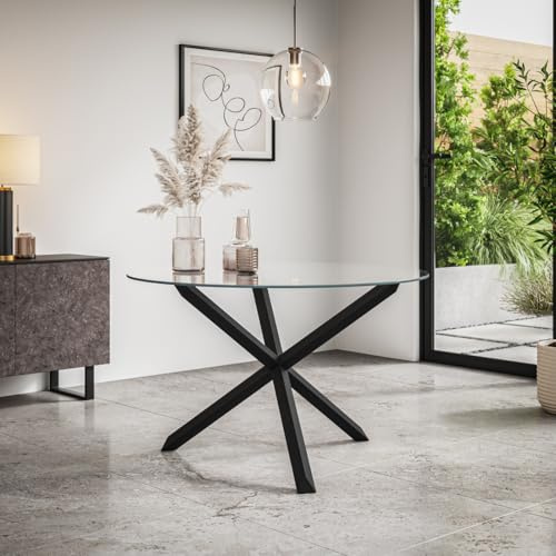 More4Homes MALVERN 4-6 SEATER ROUND DINING TABLE w SOLID BLACK OAK LEGS (Clear Glass)