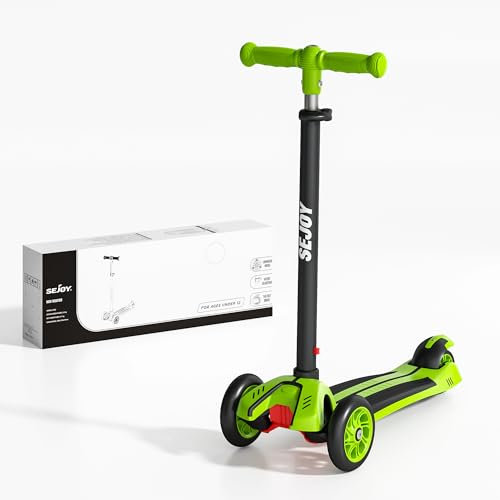 Sejoy 4-Rad Kinderroller für Kinder, Kinder Roller 3-12 Jahren mit LED-Lichtern, 3 Höhenverstellbarer Lenker Breitem Trittbrett Kick-Roller für Mädchen und Jungen