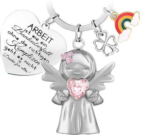 YnewL Beste Kollegin Schlüsselanhänger Schutzengel Glücksbringer Matt mit Edelsteinen, mit Regenbogen Vierblättriges Kleeblatt und Gravur-Abschied Kollege Abschiedsgeschenk(Rosa)