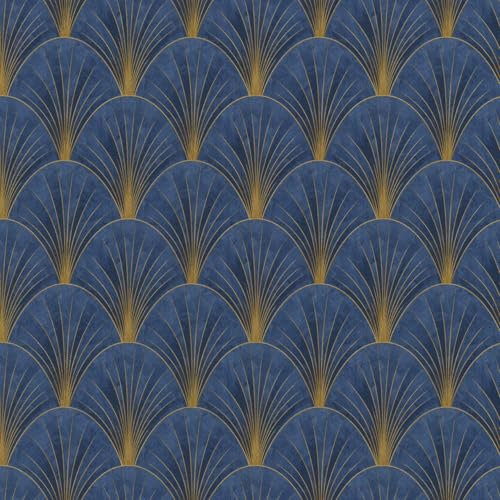 Navy Blue Art Deco Avant Garde Wallpaper - Gold Geometric Fan - Modern Glamorous Feature Wall - Metallic Accents Paste The Wall