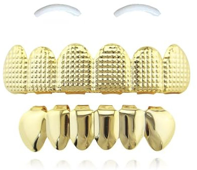 SSyang 18K Hip Hop Teeth Grills für den Mund, Zahnspange Dekoration, 2 Silikonformleisten, Hip Hop Teeth Grills für Mouth,für Musikfestivalpartys,Hip-Hop-Rapper,Dekorationen(Gold,Quadratischer Stil)