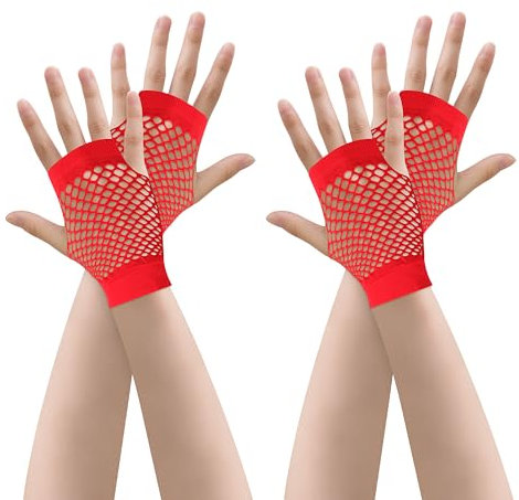 JUNART 2 Paar Mesh-Handschuhe Damen Kurze hochelastische fingerlose Handschuhe für Kostüme Zubehör für Halloween Cosplay Retro Party(rot)