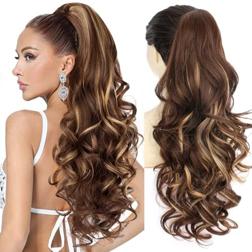 PORSMEER Pferdeschwanz Haarteil mit Klammer,Klauen Claw Clip in Haarverlängerung, 66cm Lang Voluminös Gewellt ponytail extension haarteil zopf braun mit goldenen strähnchen farbe für Damen