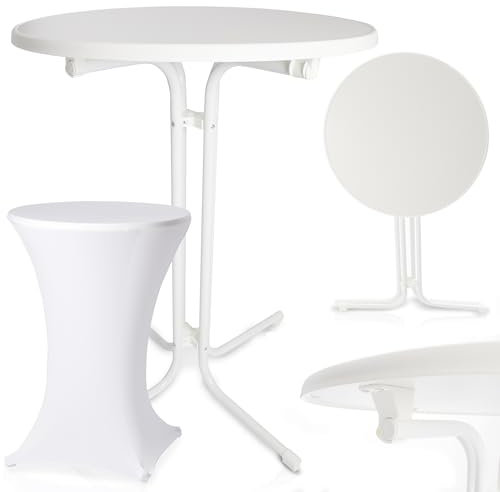 Onbest Stehtisch klappbar – mit festlicher Husse – 110cm hoch – Ø80 cm Tischplatte – rund– für In- & Outdoor –Bistrotisch – Biertisch – Gartentisch - Gartentisch Klapptisch (Weiß)