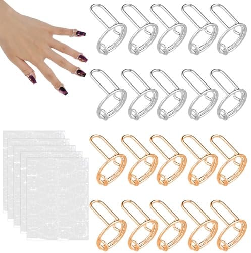 lasuroa 20stk Nagel Ringe, Verstellbare Damen-Nagelringe mit 120stk Klebeblättern Wiederverwendbare Abnehmbare Nagelringe Tragen von Nagelkunstzubehör zur Dekoration (Gold und Silber)