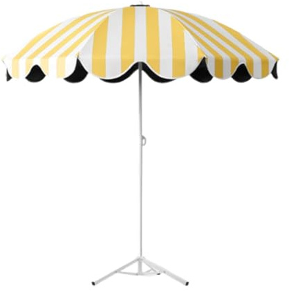Folpus Parasol de Jardin Renforcé à Rayures Jaunes et Blanches, Portable, pour Table à Manger, Jardin, Terrasse, avec Socle