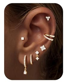 TINGN Ohrring Set mit Flacher Rückseite für Damen Hypoallergene Ohrringe aus 14karätig Vergoldetem Chirurgenstahl für Empfindliche Ohren Kleine Creolen Trendiges Schmuckset für Mehrere Ohrlöcher