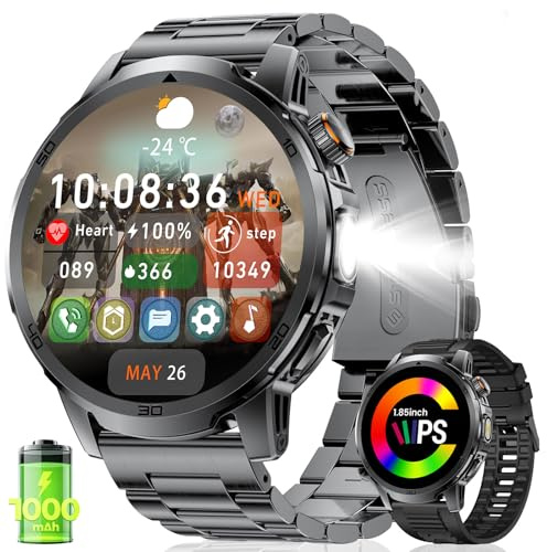 FITFLEX 2026 Montre Connectée Homme, Batterie 1000mAh Smart Watch avec 1,85 HD écran Appels Bluetooth, 120+Modes Sportifs, Lampe de Poche, Analyse de la Fréquence Cardiaque et du Sommeil,iOS Android