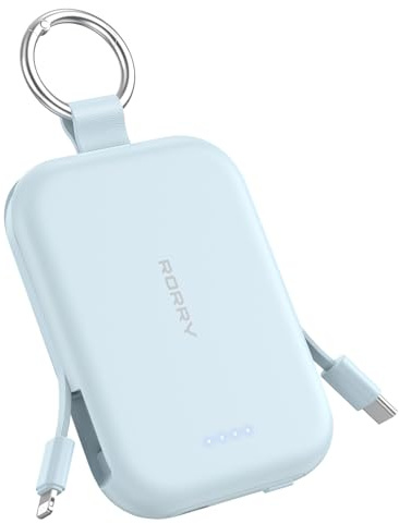RORRY Caricabatterie portatile, 5000 mAh, caricabatterie portatile con cavi integrati, portachiavi da viaggio per iPhone 17/16/15/14/13/12, blu