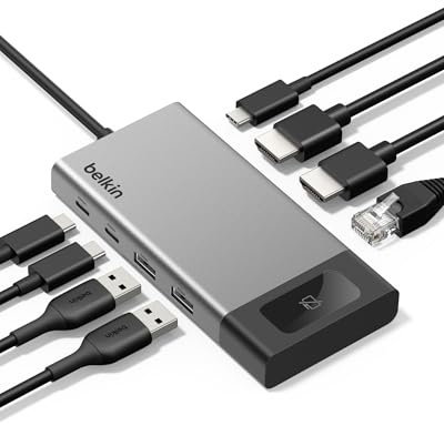 Belkin Hub USB C, hub multi-porta 8 in 1 da 100 W, supporto per doppio display per Windows e Chromebook + supporto mirrored per macOS con monitor Privacy, Ethernet, risoluzioni fino a 4K a 60Hz | Risoluzione 4K@60Hz, porta Ethernet, supporto display a specchio per macOS, compatibile con Chromebook, adatto ai viaggi