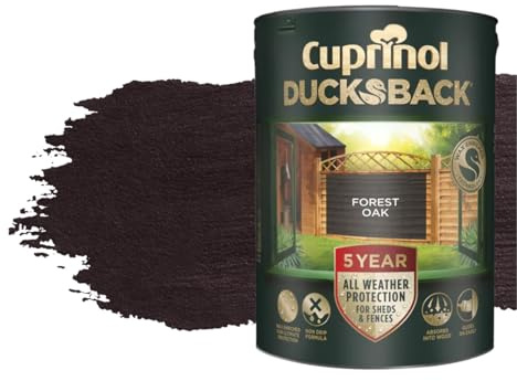 Milena 5L Ducksback Forest Oak Waterproof Shed Paint, Wax Enriched Fence Paints 5 Year All Weather Protection, Non Drip, Renovate Garden Furniture Quick Drying (Forest Oak, 5 Liters)
