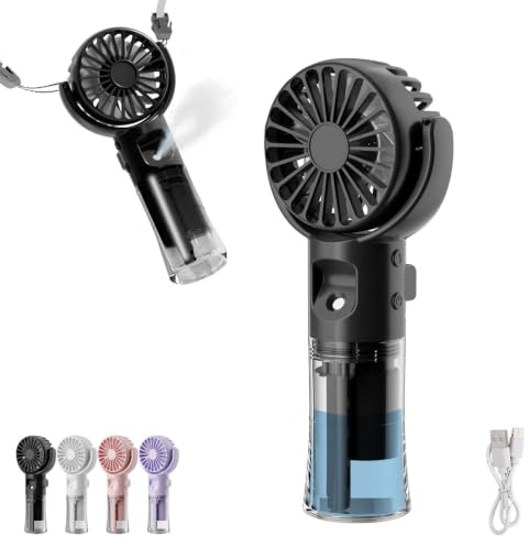 Générique Ventilateur Brumisateur Portable, Ventilateur Portable USB Rechargeable, Mini Ventilateur Portable avec 4 Vitesses, Ventilateur à Main Silencieux et Puissant pour Extérieur, Voyage (Noir)