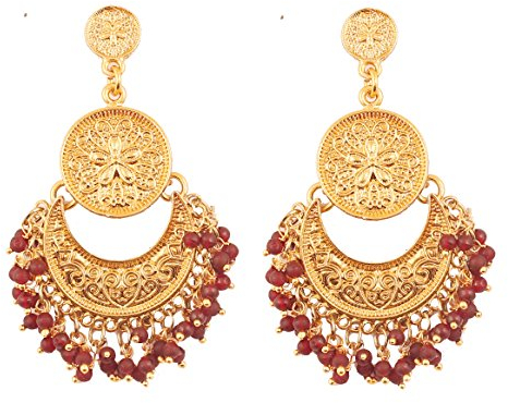 Touchstone Orecchini rossi tradizionali finemente martellati e sbalzati che sembrano affascinanti orecchini pendenti con design a forma di mezzaluna chand baali per donna Rosso