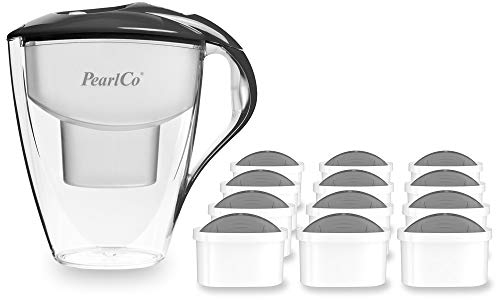 PearlCo Wasserfilter Astra (anthrazit) - mit 12 Protect+ unimax Filterkartuschen (für hartes Wasser) - passend zu Brita Maxtra