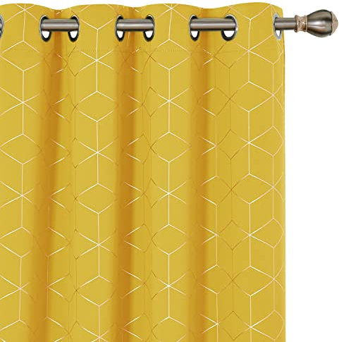 Deconovo Blackout & Noise Reduction Eyelet Curtains - Gold Diamond Printed, Thermal Insulated for Bedroom - 46 x 72 Inch, Mellow Yellow - One Pair