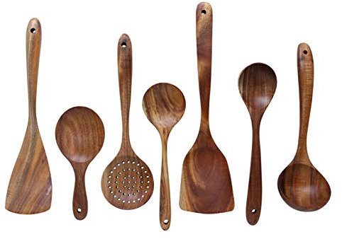 XXSLY Set di 7 Utensili da Cucina in Teak, stoviglie in Legno Naturale Cucchiaio colino Speciale Nano minestra Skimmer Gadget Kit di pentole per Cottura in Campeggio