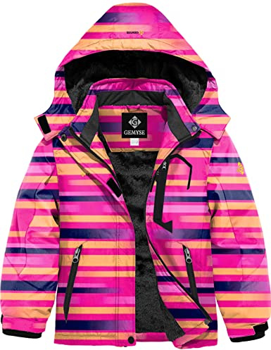 GEMYSE Veste de Ski pour Fille Enfant Manteau Hiver Chaud Imperméable Coupe-Vent avec Capuche et Doublure Polaire pour Neige et Montagne(Rayon imprimé,152-158)