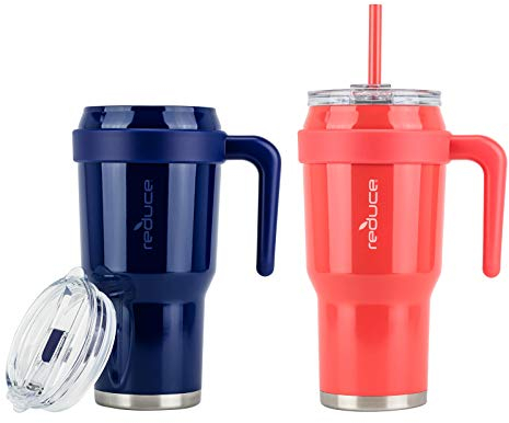 Reduce 40 oz Mug Tumbler, Stainless Steel with Handle – Keeps Drinks Cold up to 34 Hours – Sweat Proof, Dishwasher Safe, BPA Free – Red and Blue, Opaque Gloss