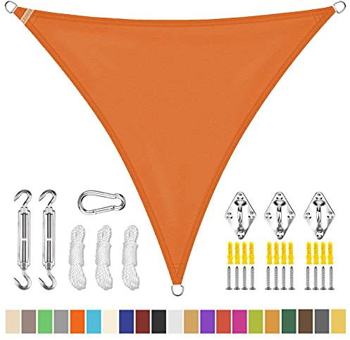 Sonnensegel Dreieckig Polyester Windschutz Wasserdicht UV Schutz Sonnensegel Sonnenschutz mit Befestigungs Kit, für Garten Balkon Camping- Orange|| 3.6x3.6x3.6m